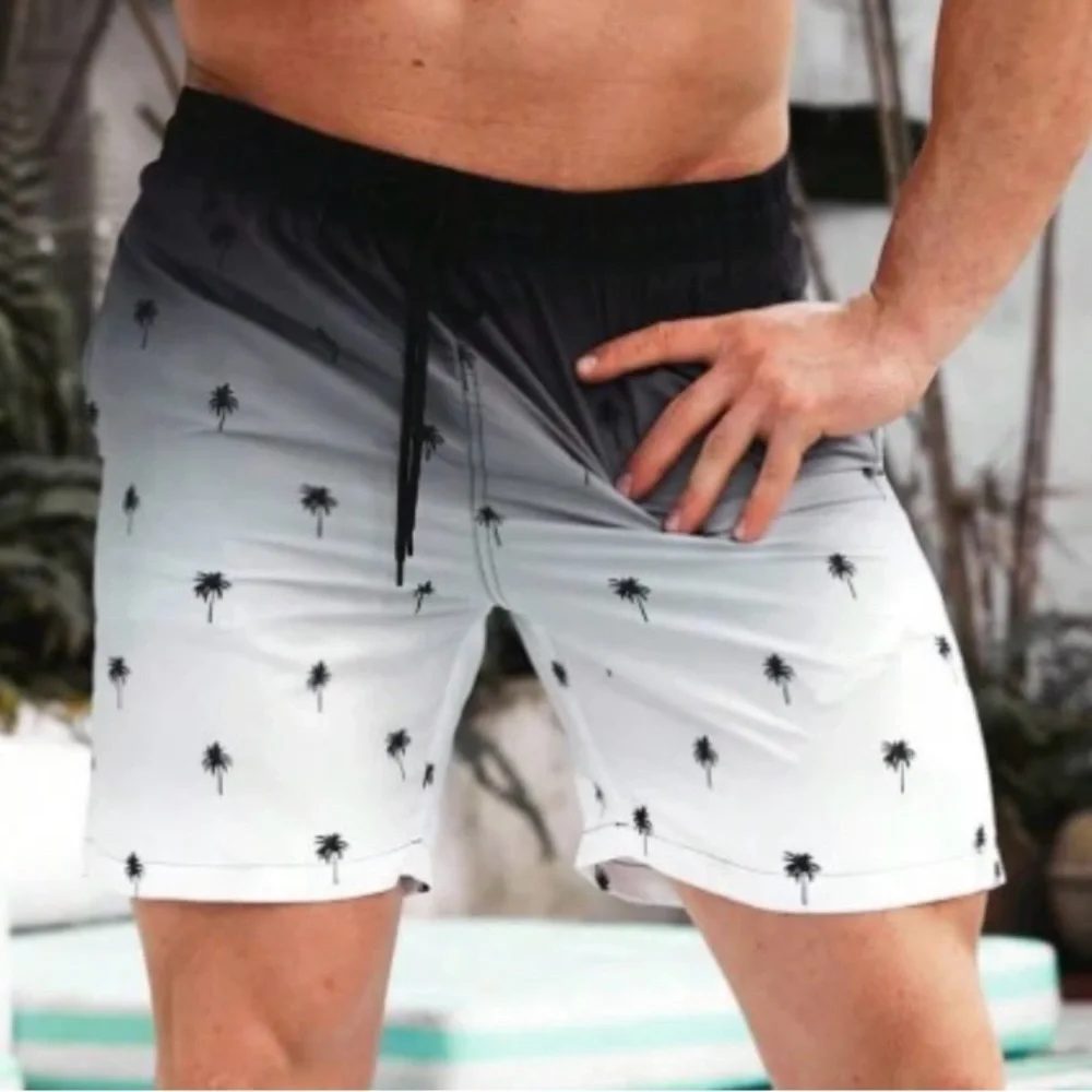 Men’s Coconut Palm Tree Print Ombre Drawstring Waist Swim Shorts